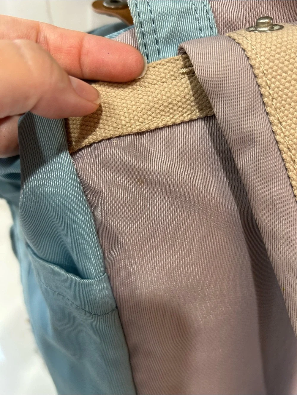Doughnut Macaroon Blue & Lavender Canvas Backpack with Tan Accents - Women